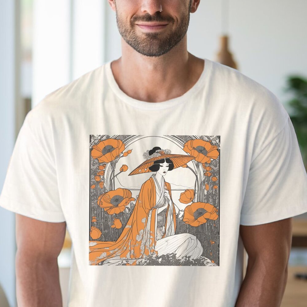 japanese kimono geisha art shirt orange poppy floral artwork asian garden print - Picture 4 of 6